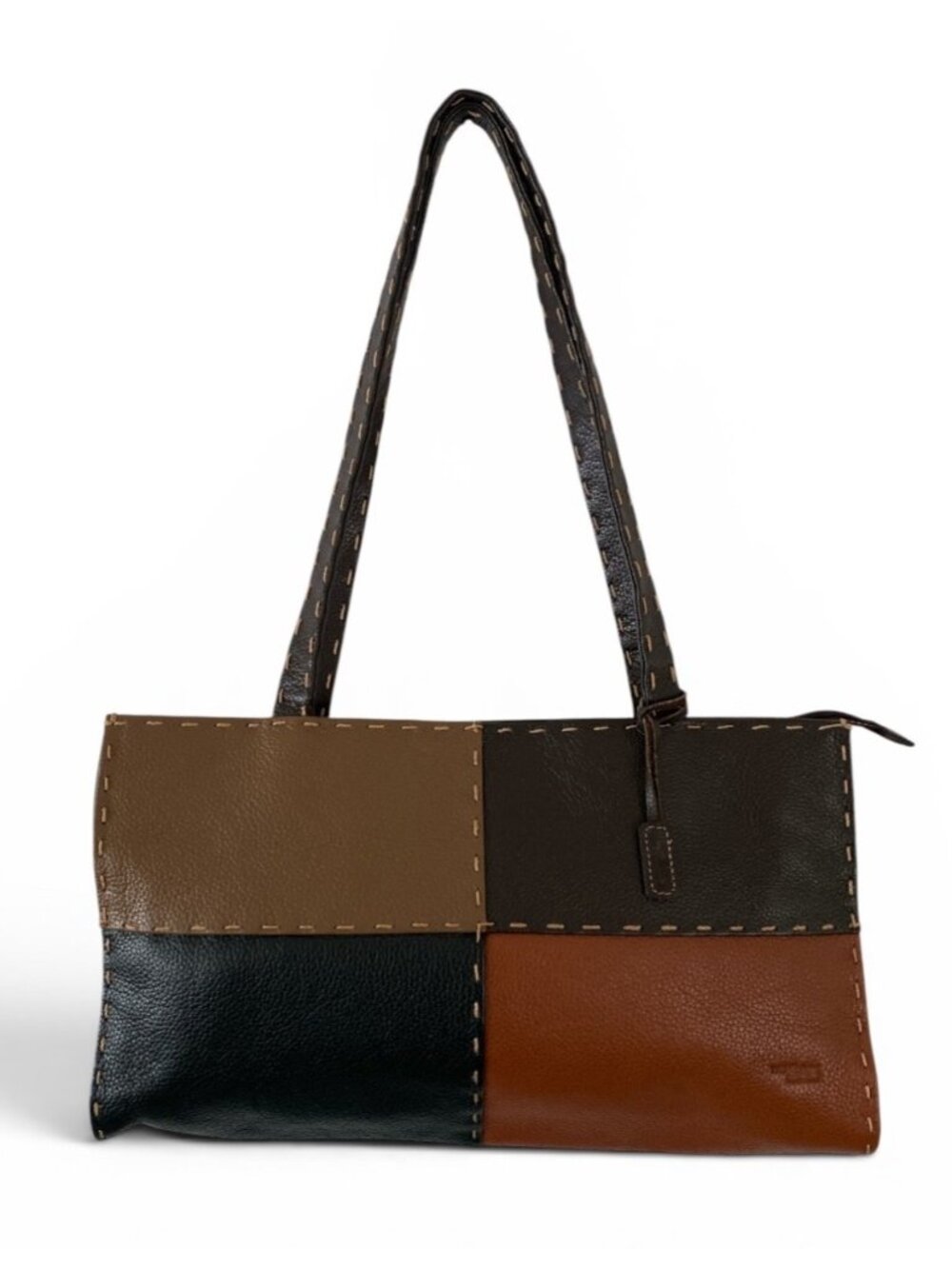 The Sak Elliott Lucca Leather Handbag Color Block Whipstitch Browns & Black